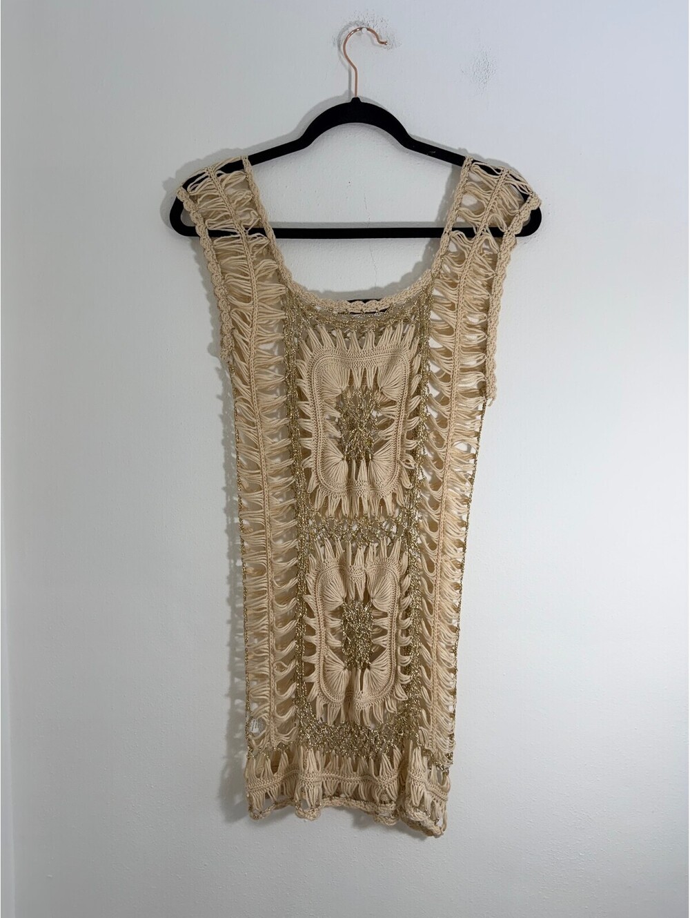 Jessica Taylor NYC One Size Beige Gold Crochet Tunic Vest Swim Cover Up - Picture 4 of 8
